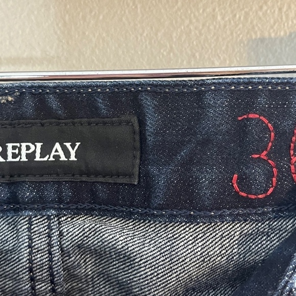 Replay Men Jeans Size 36 Blue Denim Straight Leg Button Fly Dark Wash Faded Luxe - Picture 2 of 14